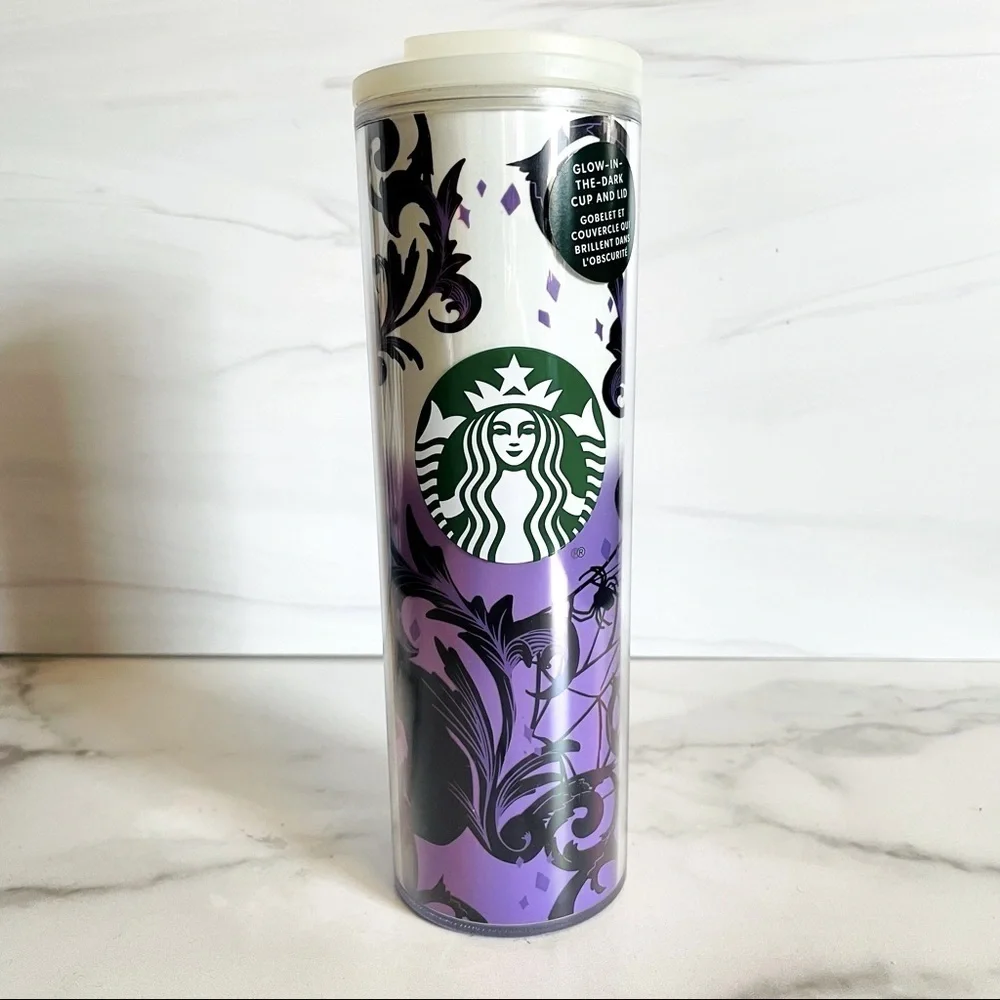 Starbucks 2021 Halloween Glow In The Dark Travel Tumbler 16 oz- Cat and Spider